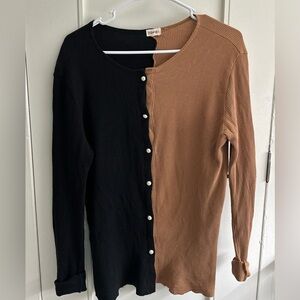 DONNI Black Brown Colorblock Waffle Knit Cardigan Neutral Size L